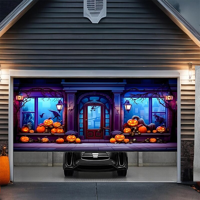 Halloween Tapestry Garage Door Cover Large Hanging Backdrop Pumpkin Shop of Horrors 3D Dark Punk Gothic Style Party Outdoor Shooting Backgrounds Yard Haunted House Home Decor2