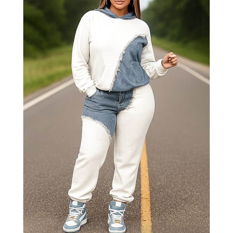 Women's 2 Piece Tracksuit Lounge Hoodie Sweatsuit Sets Baggy with Pocket Color Block Clothing Suit Fall White Blue Hiking Vocation Outdoor Long Sleeve Sport Activewear Micro-elastic Regular Fit3