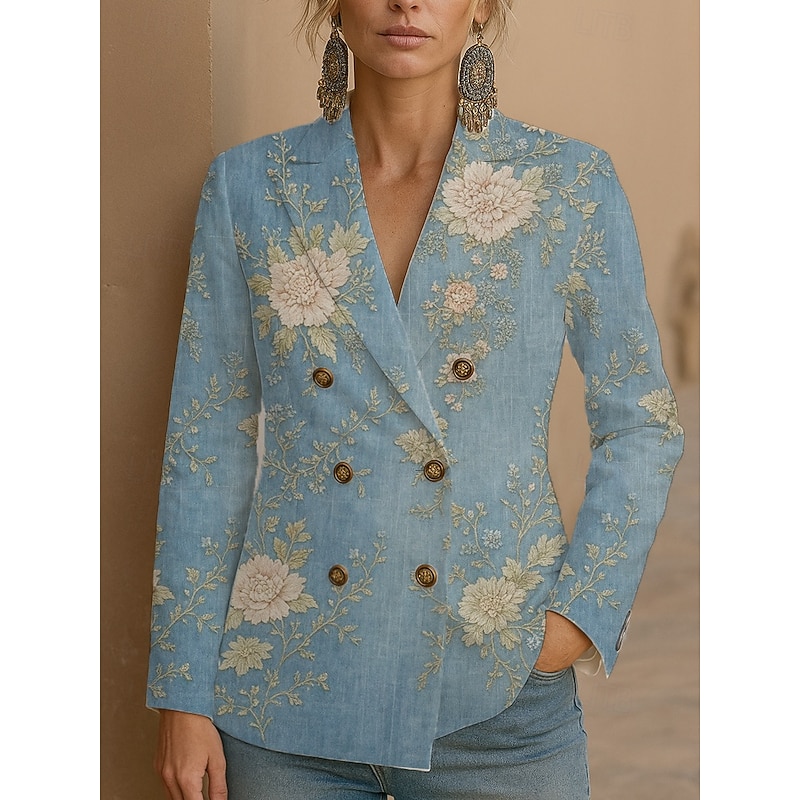 Women's Blazer Windproof Warm Buttons Formal Floral Casual Holiday Going out Casual Daily Regular Notch Lapel Regular Fit Long Sleeve Outerwear Blue Purple Green Spring Fall