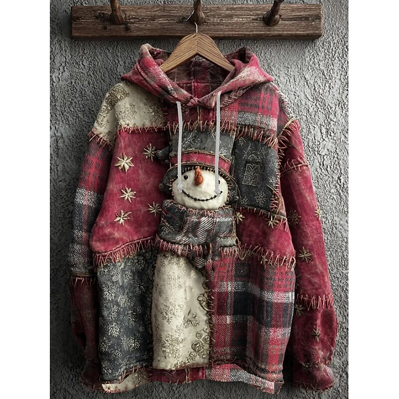 Women's Pullover Hoodie Sweatshirt Graphic Geometric Christmas Tree Elegant Warm Active Long Sleeve Hooded Regular Tops Street Dailywear Casual Patchwork Print Red Spring Fall Winter