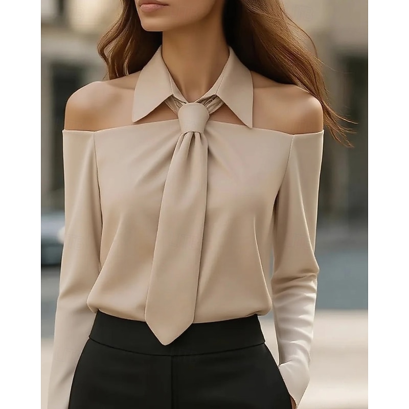 Women's Shirt Elegant Dressy Satin Plain Active Stylish Long Sleeve Shirt Collar Regular Tops Holiday Going out Backless Black White Khaki Spring Fall3