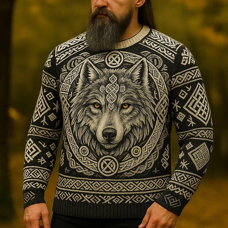 Men's Animal Wolf Viking Pullover Sweater Jumper Knitwear Crewneck Retro Vintage Casual Vacation Daily 3D Print Keep Warm Long Sleeve Spring Fall Winter Black Dark Gray Gray
