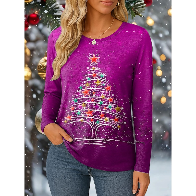 Christmas Women's T Shirt Graphic Snowflake Vintage Fashion Stylish Long Sleeve Crew Neck Regular Tops Daily Weekend Print Red Blue Purple Green Spring Fall Winter4