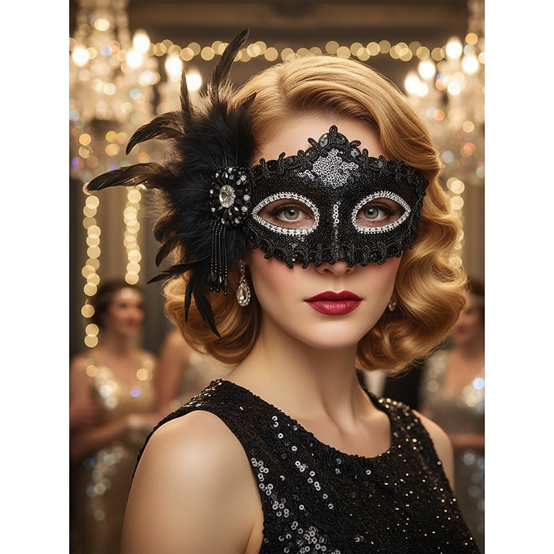 Women's Burgundy Sequin Feather Masquerade Mask with Rhinestone Trim, Gothic Venetian Style Costume Accessory for Halloween Parties and Masquerade Balls4