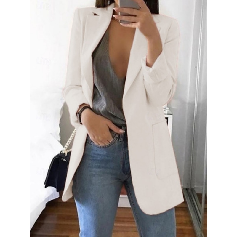 Women's Blazer Comfortable Breathable Pocket Casual Plain Office Street Casual Daily Wear Open Front Long Turndown Regular Fit Long Sleeve Outerwear White Yellow Pink Spring Fall2
