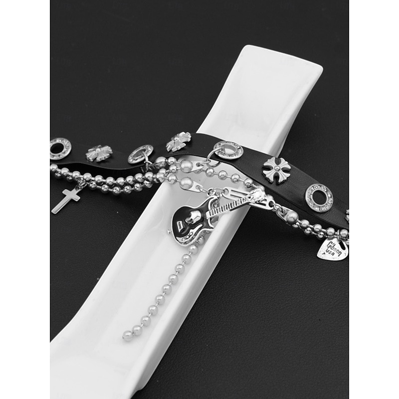 Women's Gothic Choker Necklace with Guitar and Cross Charms - Punk Rock Style Multi-Layered Necklace for Halloween Party Fashion3
