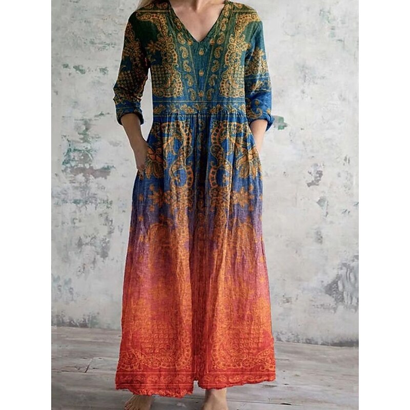Women's Midi Dress Shift Dress Casual Daily Regular Fit Graphic Geometric Long Sleeve V Neck Yellow Red Blue Orange Spring Fall4