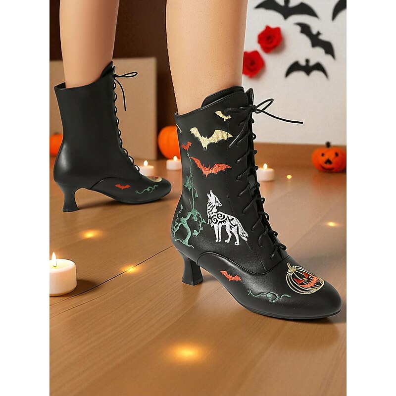 Women's Halloween Victorian Lace-Up Ankle Boots – Black Faux Leather Retro Heeled Witch  Booties with Bat, Pumpkin and Wolf Prints for Costume Party and Cosplay3
