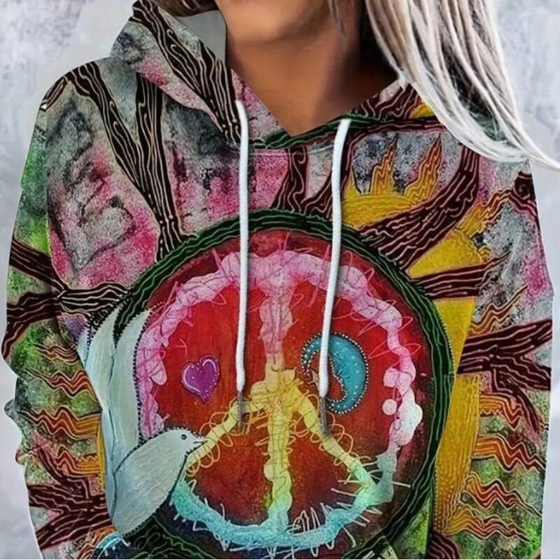 Women's Pullover Hoodie Sweatshirt Graphic Rainbow Abstract Casual Boho Long Sleeve Hooded Regular Tops Street Dailywear Print Front Pocket Maroon Pink Fall Winter4