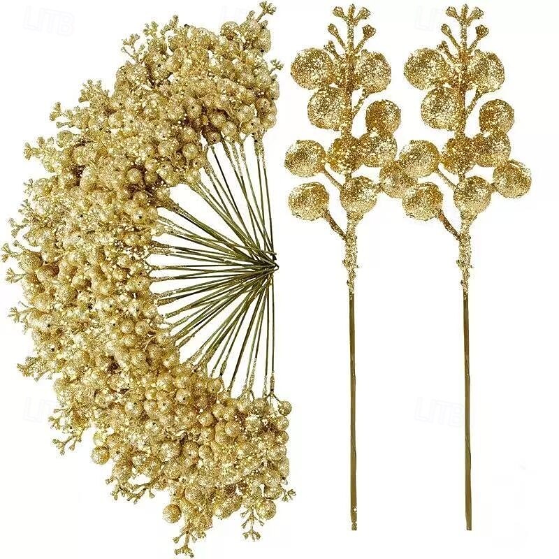 12pcs Christmas Berry Stems, Glitter Gold Poinsettia Branches with Berries and Leaves, Elegant Plastic Flowers for Xmas Tree, Wreath, Holiday Party and Home Decorations2