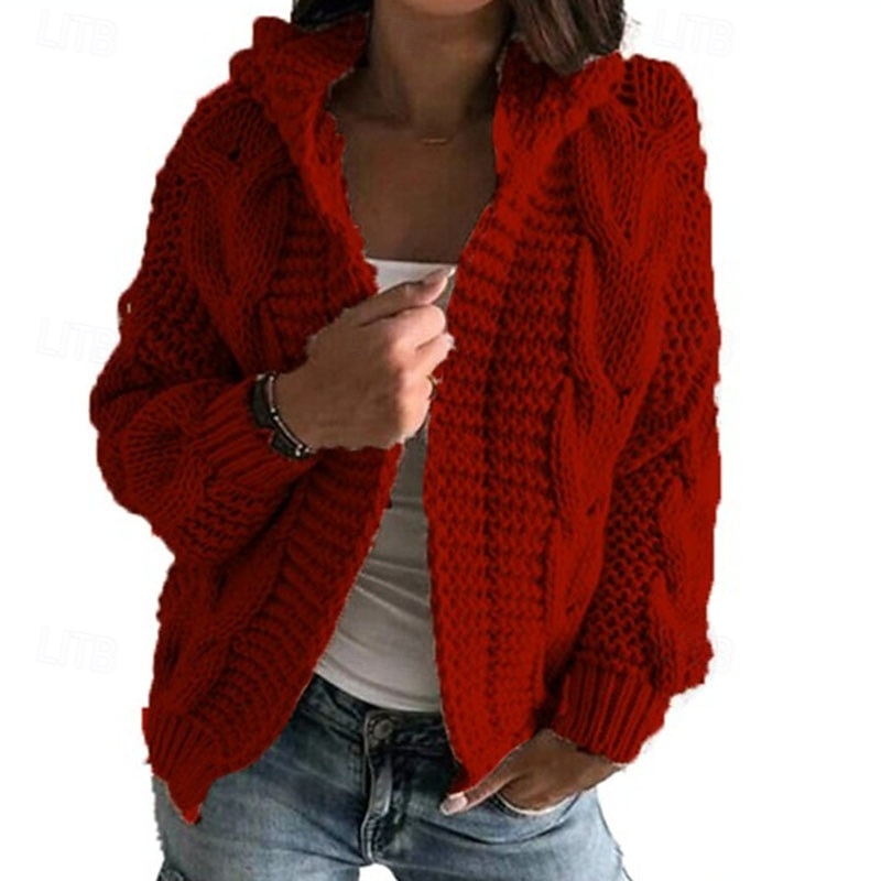 Women's Sweater Cardigan Streetwear Casual Solid Color V Neck Knitted Hooded Long Sleeve Regular Tops Knit Daily Holiday Going out Wine Red White Fall Winter2