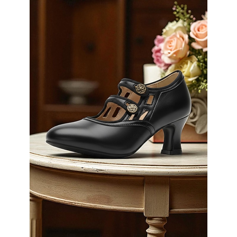 Women's Black 1920s Vintage Heels – Faux Leather Retro Cutout Pumps with Button Detail for Formal Events and Gatsby Party2
