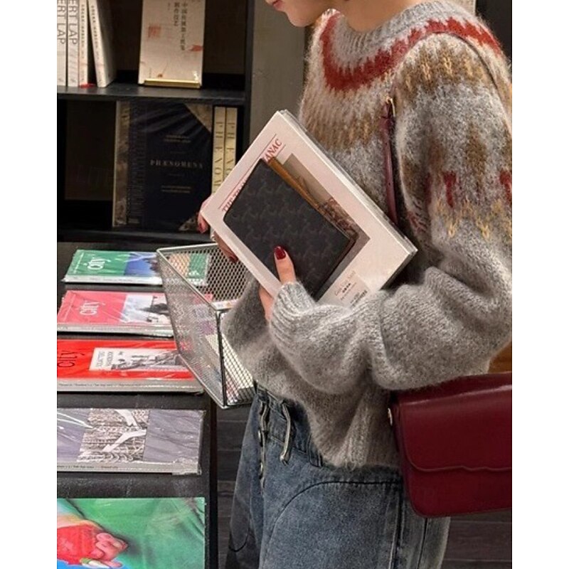 Women's Sweater Pullover Streetwear Casual Floral Crew Neck Knitted Print Long Sleeve Regular Tops Knit Christmas Daily Going out Navy Blue Gray Fall Winter