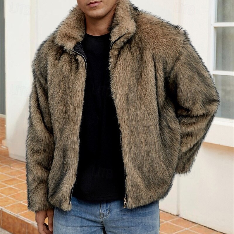 Men's Casual Jacket Faux Fur Coat Vacation Daily Thermal Warm Plush Fall Winter Plain Fashion Streetwear Standing Collar Regular Black White Yellow Royal Blue Camel Jacket4