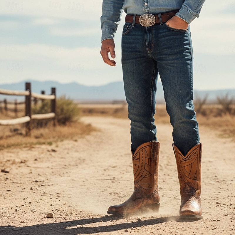 Men's Western Cowboy Boots with Snakeskin Print and Intricate Faux Leather Design – Stylish and Durable Footwear for Rodeo and Country Events2