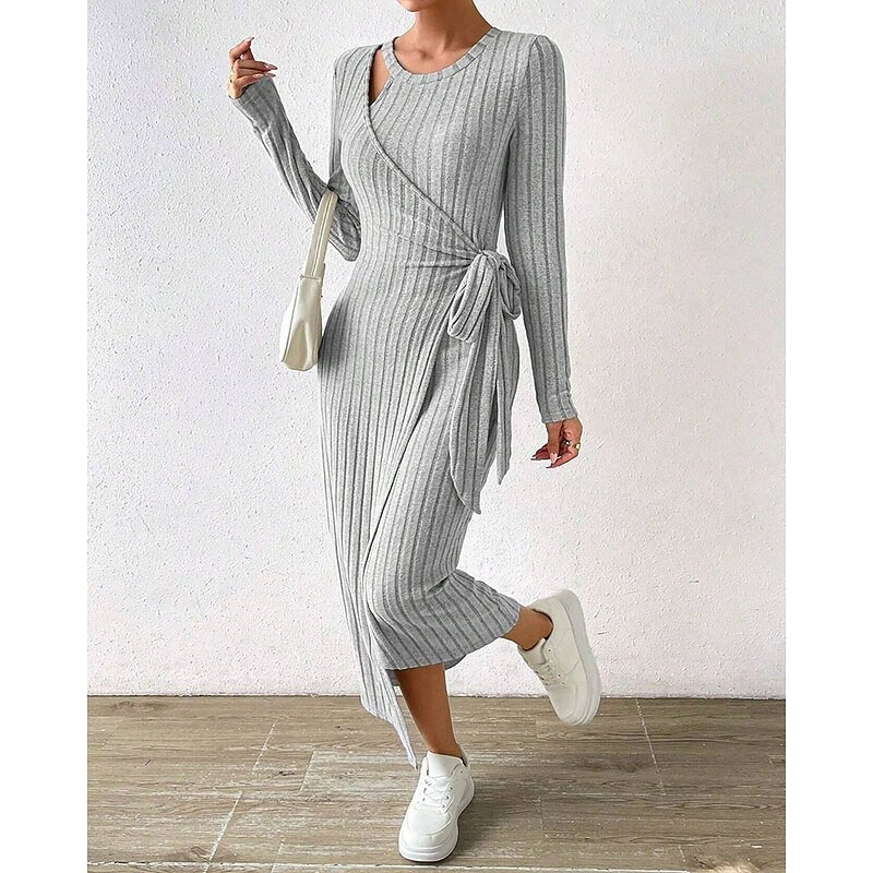 Women's Midi Dress Sweater Dress Sheath Dress Fashion Modern Vacation Daily Going out Regular Fit Plain Long Sleeve Crew Neck Grey Spring Fall2