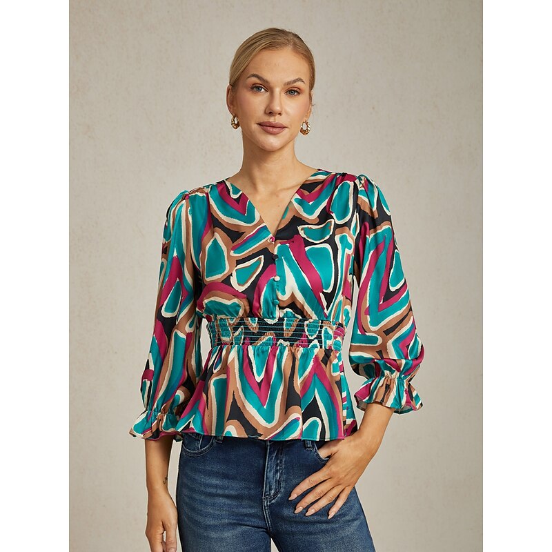 Colorful Abstract Print Satin Top with Cinched Waist