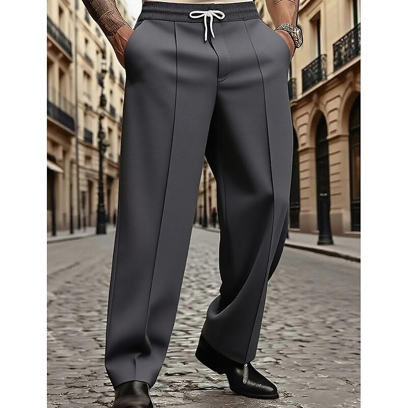 Men's Trousers Dress Pants Slacks Casual Pants Drawstring Pocket Elastic Waist Plain Comfort Breathable Full Length Outdoor Party Business Fashion Streetwear Black White Stretchy2