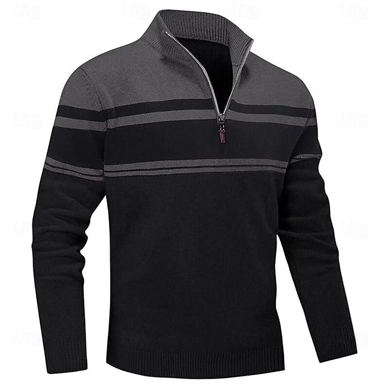 Men's Striped Zip Sweater Sweater Polo Zip Collar Casual Vacation Home Daily Zipper Color Block Knitting Long Sleeve Fall Winter Dark Gray and Black Red + Black Black2