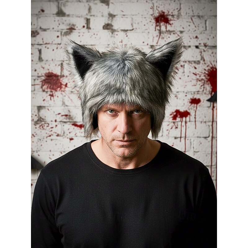 Men's Halloween Wolf Ear Hat – Furry Polyester Plush Costume Cap for Cosplay, Party and Winter Wear2