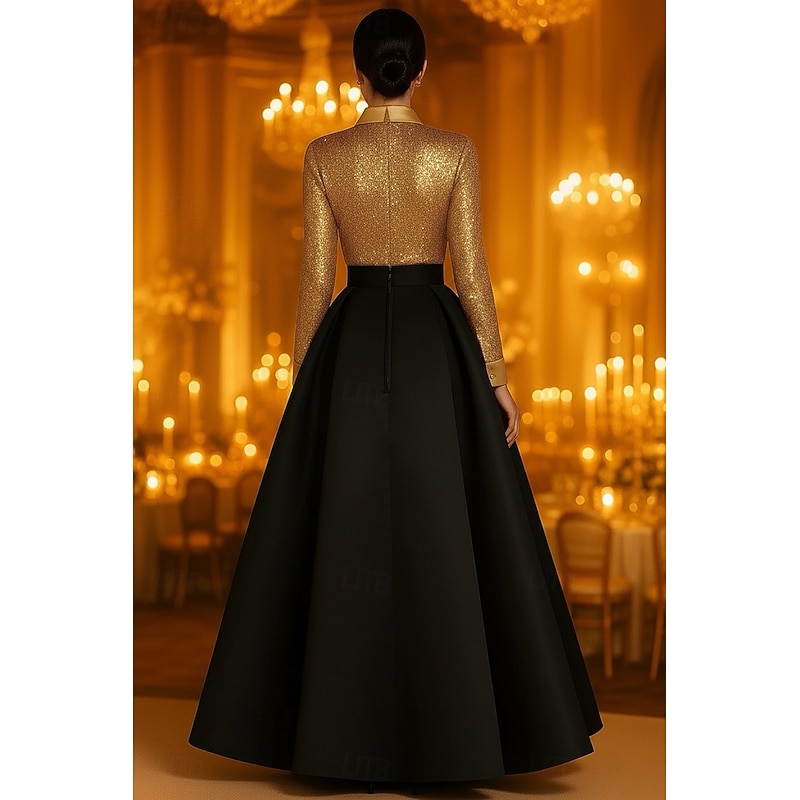 Black and Gold A-Line Evening Gown Shirtdress Gown Elegant Formal Dress Formal Wedding Floor Length Long Sleeve Shirt Collar Pocket Satin with Sequins and Pleats 20252