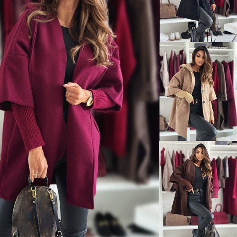 Women's Casual Jacket Warm Comfortable Pocket Buttons Fashion Outdoor Plain Going out Weekend Single Breasted Regular Hooded Regular Fit Long Sleeve Outerwear Black Wine Khaki Fall Winter