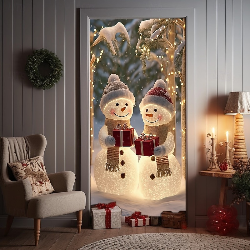 Christmas Door Cover, Cute Snowman with Winter Forest Background, Door Curtain for 2025 Xmas Holiday Party, Indoor Outdoor Festive Entrance Home Decoration
