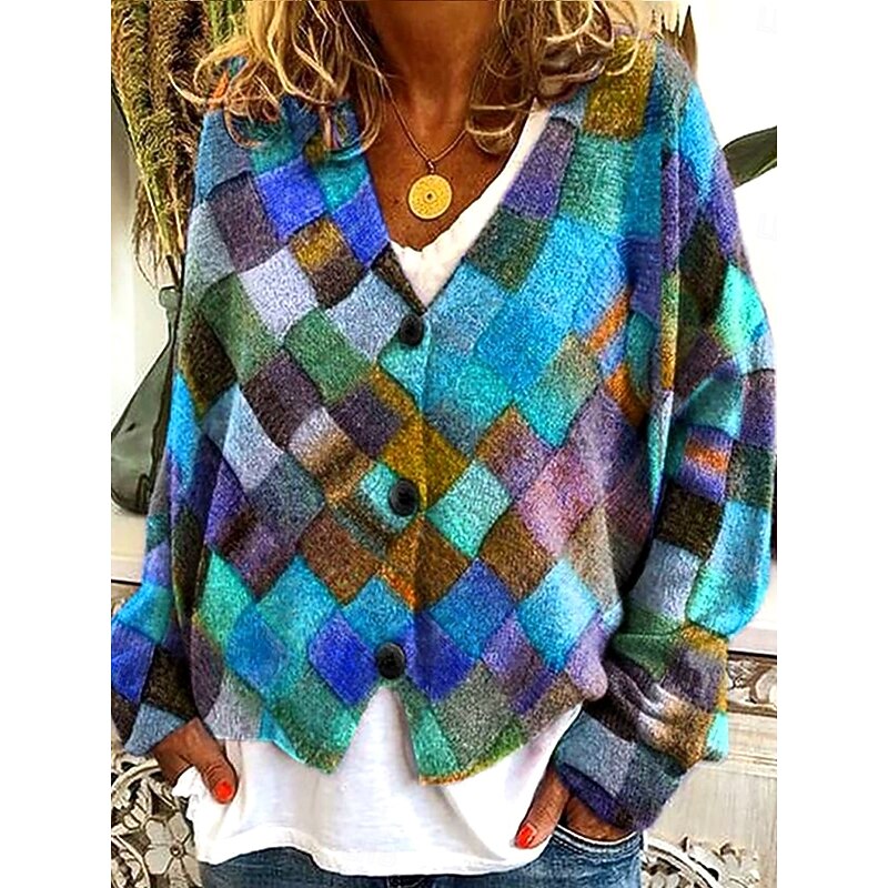 Women's Sweater Cardigan Elegant Vintage Fashion Geometric Plaid V Neck Pocket Knitted Print Long Sleeve Regular Tops Knit Outdoor Daily Weekend Red Navy Blue Fall Winter2