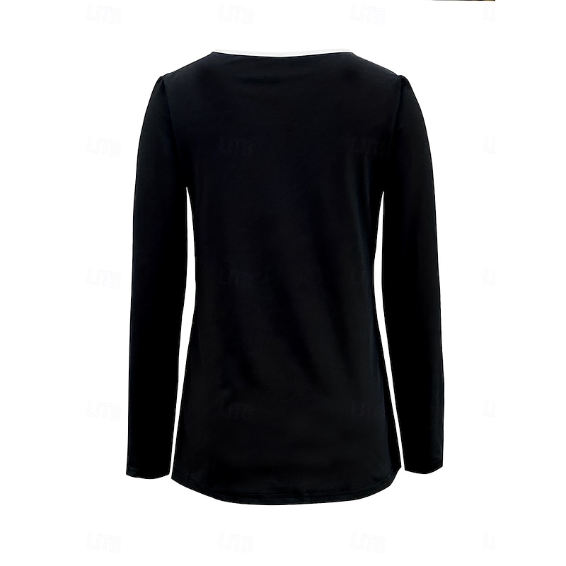 Women's T Shirt Solid Color Color Block Plain Vintage Stylish Classic Long Sleeve Crew Neck Regular Tops Daily Buttons Print Tiered Black and White Spring Fall Winter3