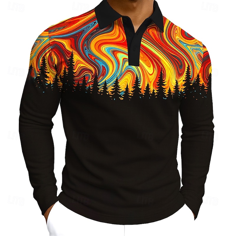 Men's Abstract Geometic Polo Long Sleeve Polo Shirts Lapel Casual Athleisure Daily Wear 3D Print Buttons Spring Fall Winter Blue Orange