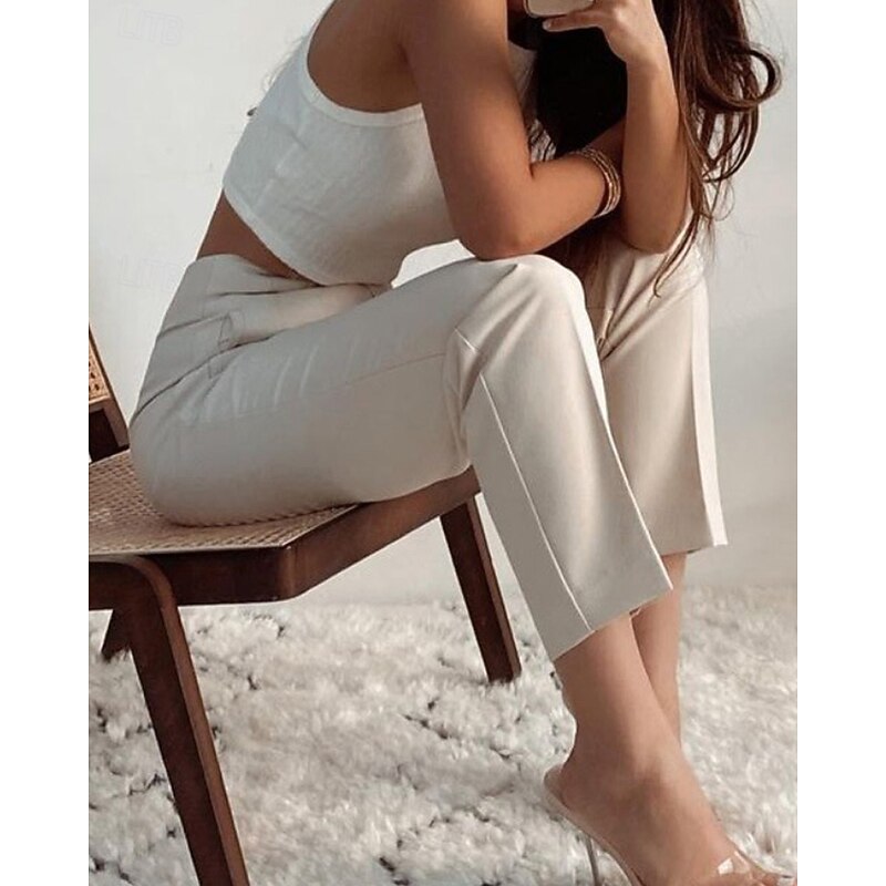 Women's Chinos Streetwear Casual Full Length Medium Waist Plain Pocket Elastic Waist Comfortable Inelastic Outdoor Vacation Daily rice white Camel Sapphire Blue White Fall Winter Slim Fit3