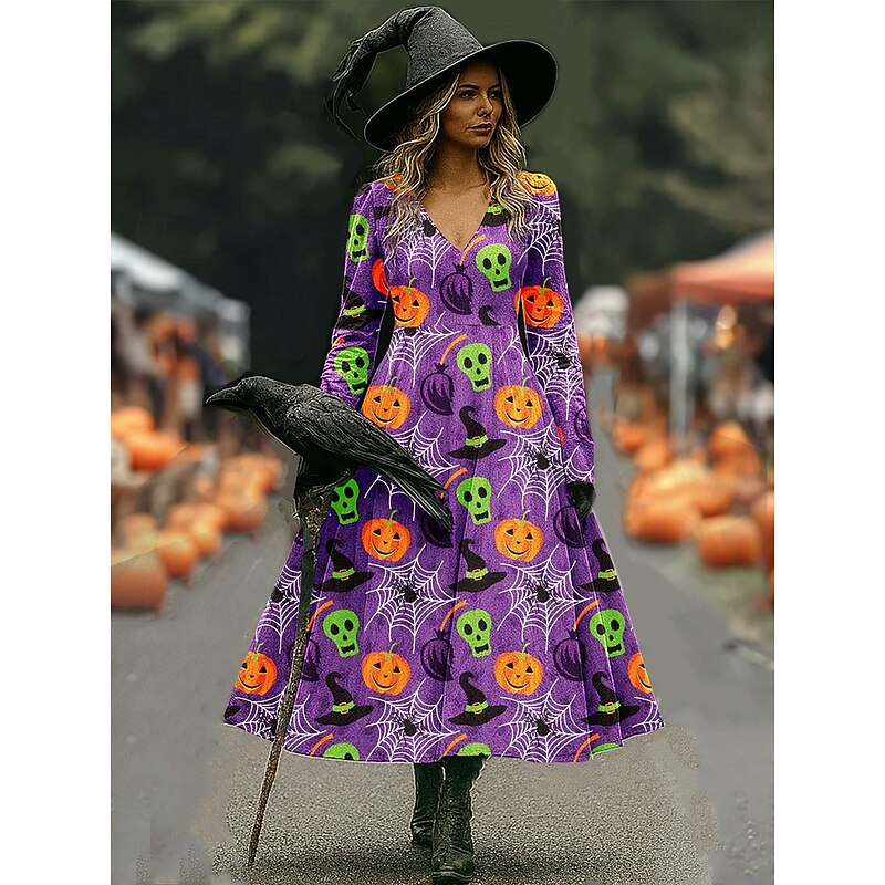 Halloween Women's Witch Print Midi Dress Casual Dress A Line Dress Vacation Casual Wedding Party Birthday Regular Fit Graphic Long Sleeve V Neck Black Purple Orange Green Spring Fall4