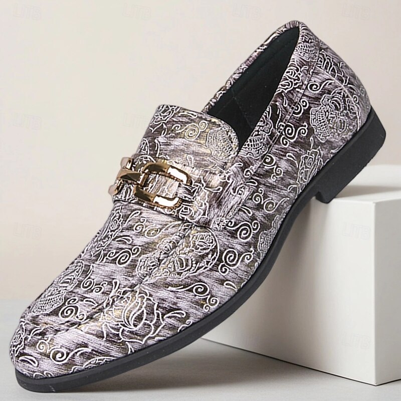 Men's Halloween Gothic Loafers – Metallic Silver Embossed Pattern Dress Shoes with Buckle Detail, Vintage Party Style for Costume, Masquerade and Evening Events