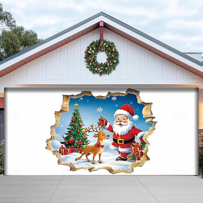 Christmas Outdoor Garage Door Cover Santa Claus Reindeer Christmas Gifts Large Tapestry Backdrop Holiday Party Wall Decoration For Outdoor Garage Door Home Festival Celebration Decor