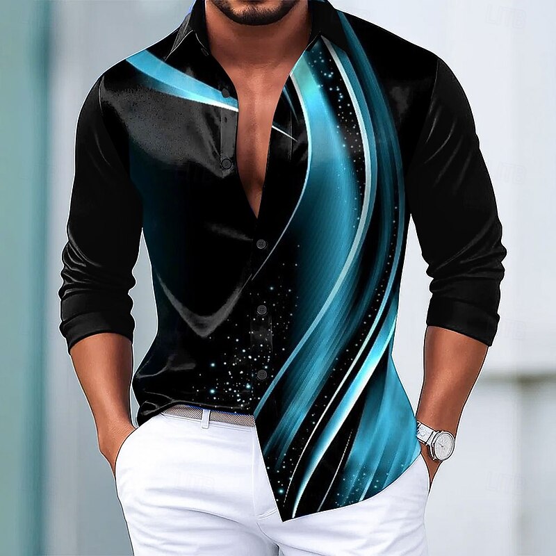 Men's Geometric Gradient Waves Shirt Satin Shirt Dress Shirt Long Sleeve Fashion Casual Vacation Dailywear Summer Spring Fall Turndown 3D Print Button Up Shirts Black / Green Black / Purple Black-Red