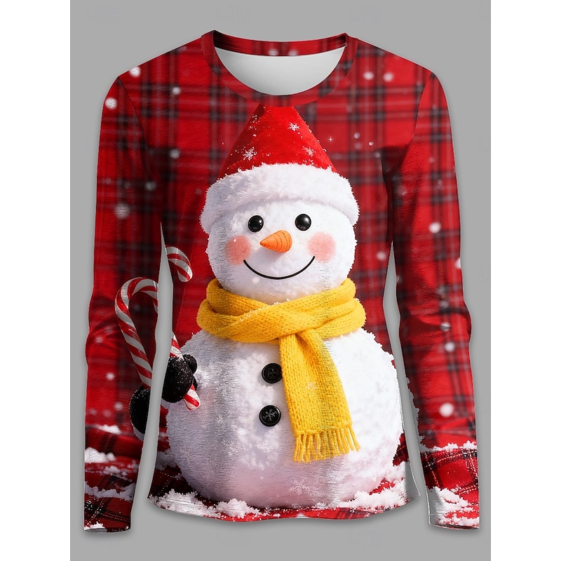 Christmas Women's T Shirt Snowman Snowflake Vintage Stylish Classic Long Sleeve Crew Neck Regular Tops Weekend Print White Red Green Winter