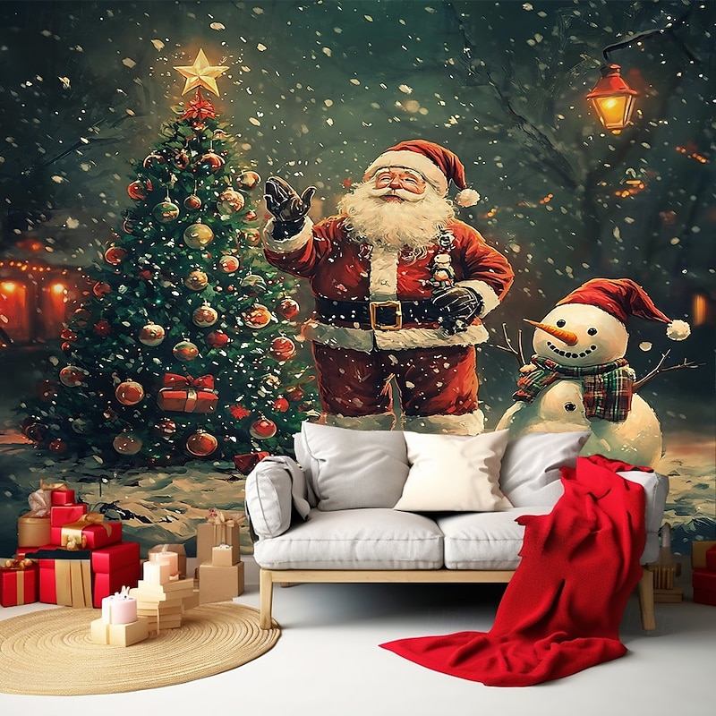 Chrismas Hanging Tapestry Santa Claus Reindeer Northern Lights Christmas Ornament Balls Large Wall Art Mural Decor Blanket Curtain Holiday Home Bedroom Living Room Festive Seasonal Party Decoration3