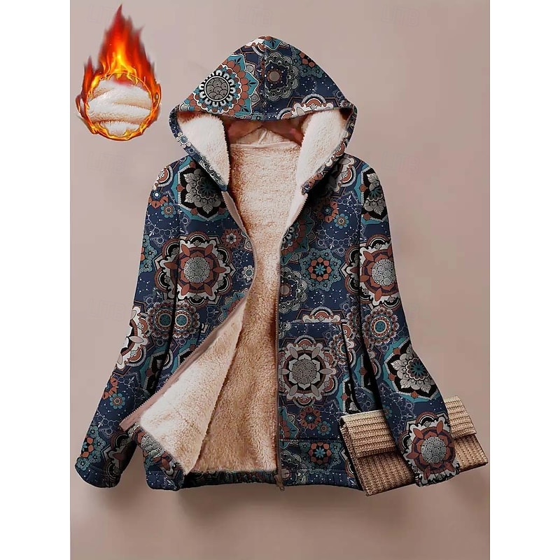 Women's Zip Up Hoodies Floral Graphic Geometric Warm Active Vintage Long Sleeve Hooded Regular Tops Home Work Party Evening Wear Print Dark Blue Spring Fall Winter