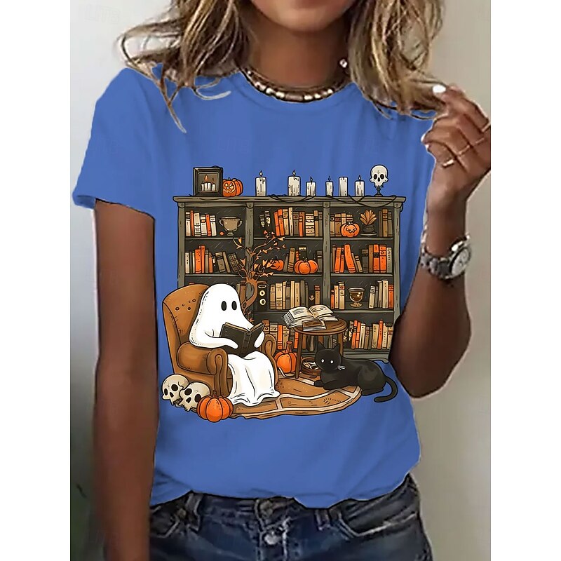 Halloween Women's T shirt Ghost Graphic Letter Vintage Stylish Classic Short Sleeve Crew Neck Regular Tops Daily Going out Weekend Print Black White Pink Blue Summer Fall3