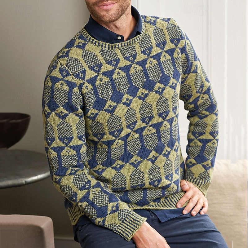 Men's Geometic Fair isle Sweater Pullover Sweater Jumper Knitwear Crewneck Casual Vacation Daily 3D Print Keep Warm Long Sleeve Spring Fall Winter Green