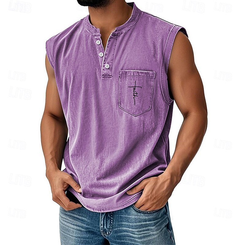 Men's Vest Top Undershirt Sleeveless Shirt Sleeveless Henley All Seasons Faith Fashion Designer Pocket Vacation Street Going out Black Pink Dark Navy Top Tee for Men4