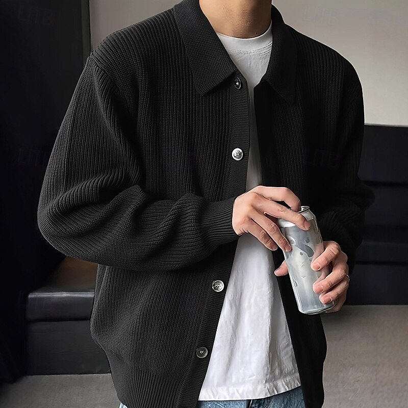 Men's Sweater Cardigan Sweater Ribbed Knit Regular Tops Knitted Plain Turndown Vacation Fashion Casual Daily Wear Clothing Apparel Spring &  Fall Black Blue S M L2