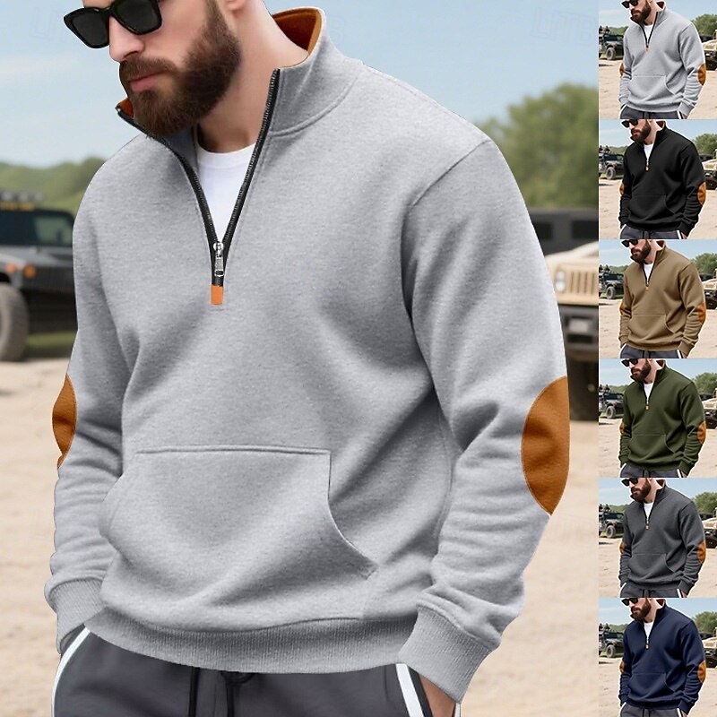 Men's Sweatshirt Pullover Hoodie Sweatshirt Pullover Quarter Zip Sweatshirt Black Army Green Navy Blue Camel Light Grey Standing Collar Plain Patchwork Pocket Color Block Sports & Outdoor Casual Daily