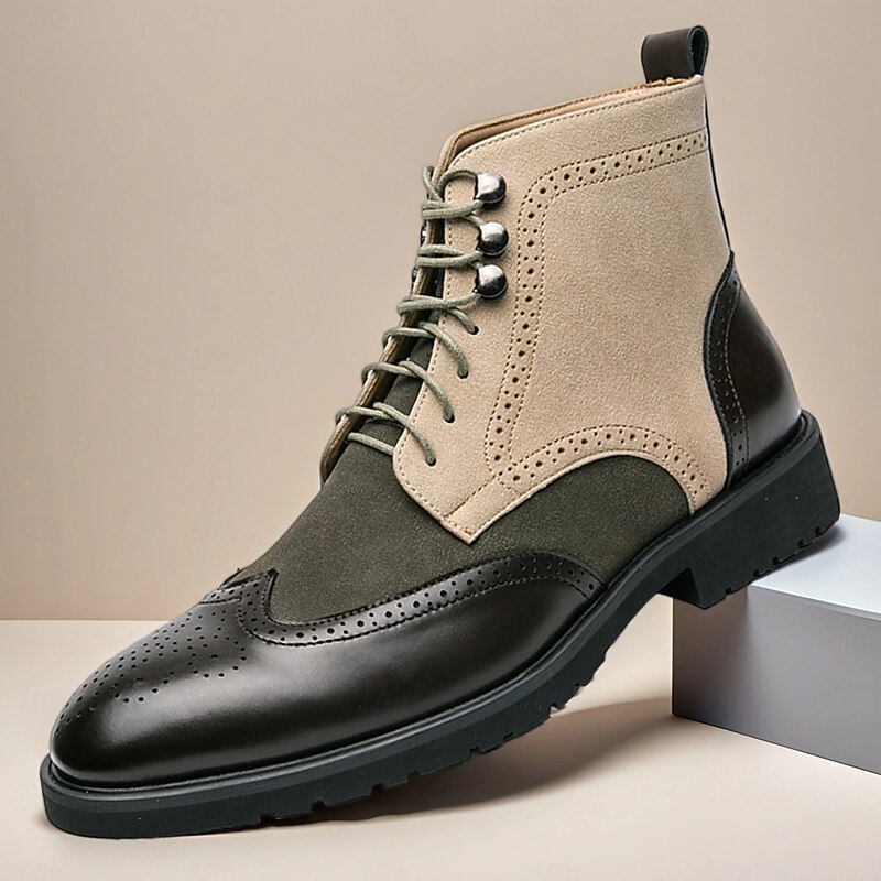 Men's Tan and Olive Green Faux Leather Hiking Boots with Durable Outsole, Ideal for Outdoor Adventures, Hiking and Casual Outings