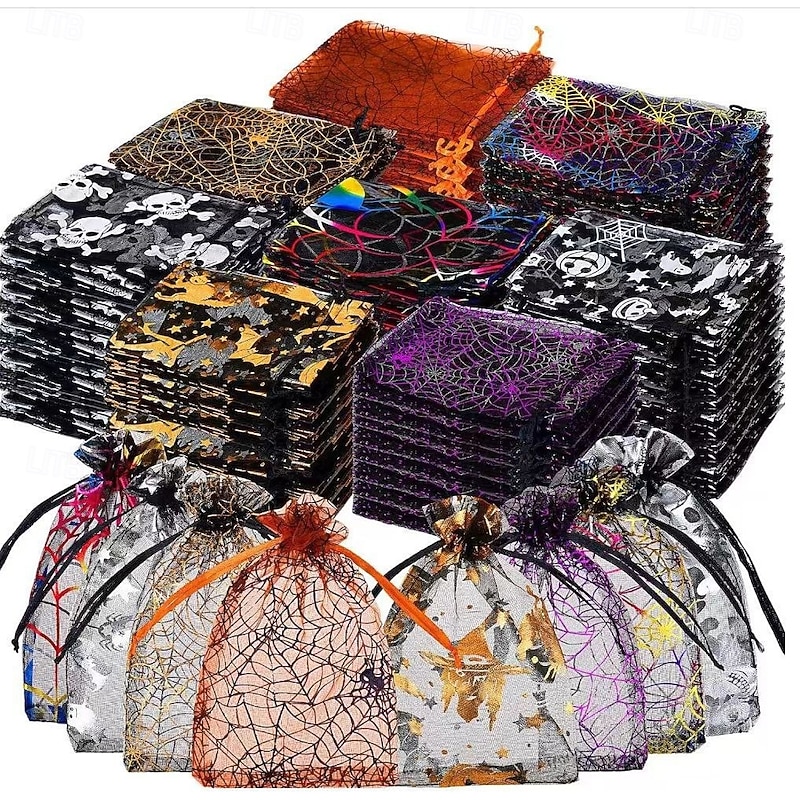 100pcs/set Halloween Party Drawstring Gift Bags  4x6in Small Tulle Candy Snack Bags for Party Gifts (Pumpkin Spider Web Skull Bat) - Event and Party Supplies Gift Boxes Favors Mesh Drawstring B