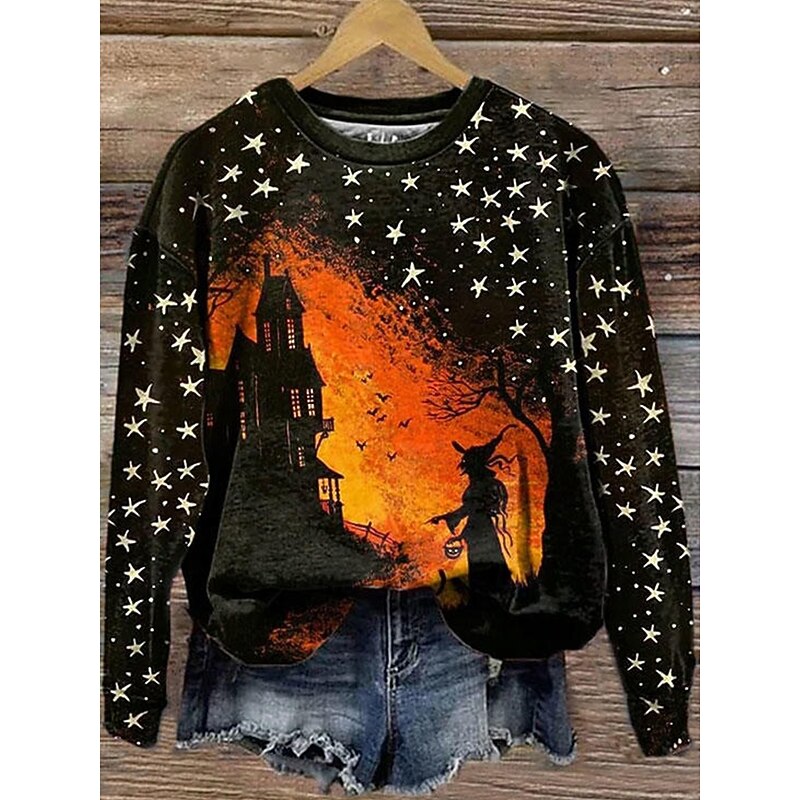Halloween Women's Pullover Sweatshirt Graphic Skull Fashion Casual Long Sleeve Crew Neck Regular Tops Street Dailywear Casual Print Black Blue Orange Fall Winter3