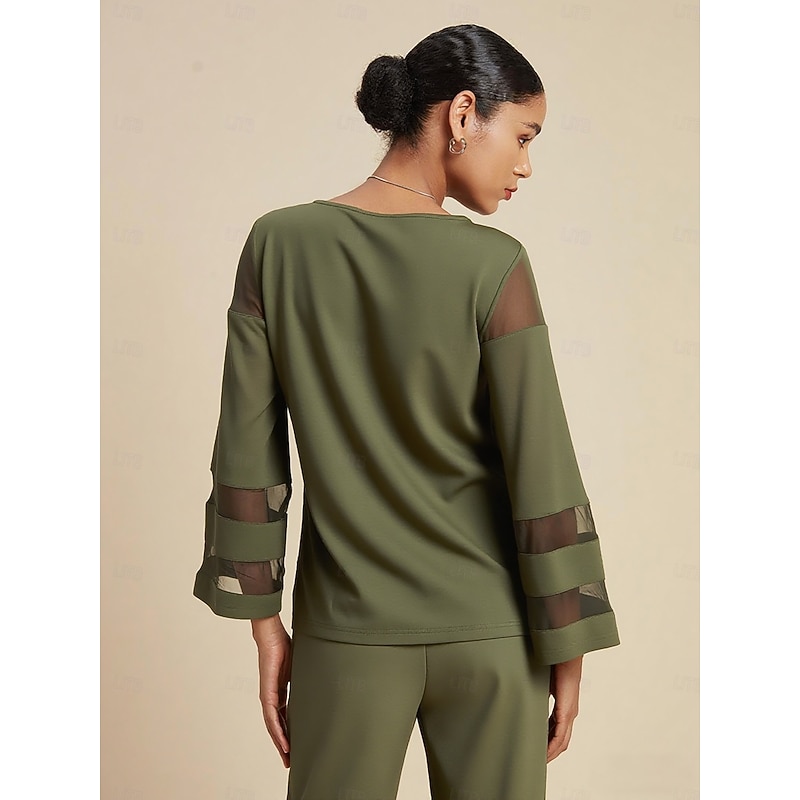 Women's Army Green Tencel Roma Mesh Sleeve Patchwork Round Neck Eight Sleeve Short Blouse2