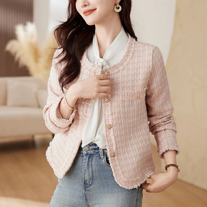 Women's Casual Jacket Warm Comfortable Pocket Buttons Fashion Outdoor Plain Going out Weekend Single Breasted Regular Crewneck Regular Fit Long Sleeve Outerwear Pink Apricot Spring Fall3