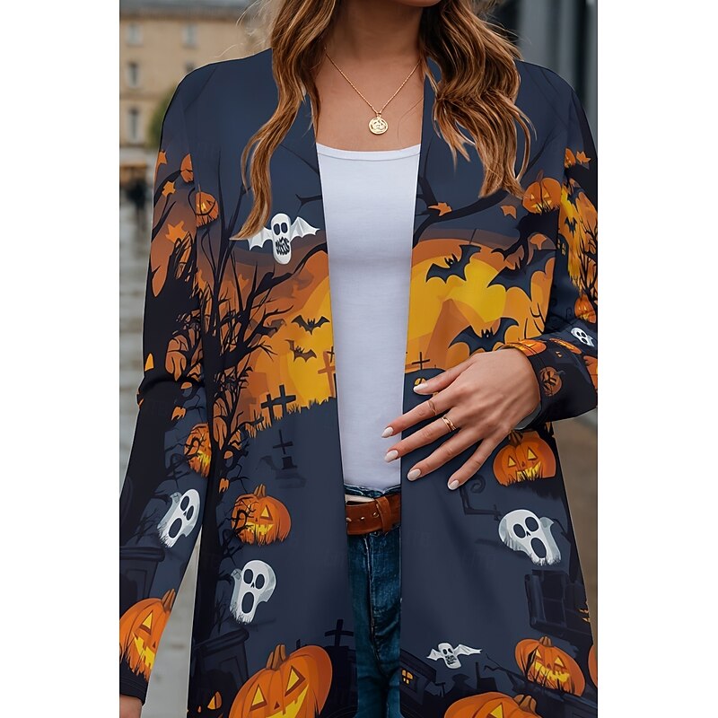 Halloween Women's Coat Lightweight Comfortable Pumpkin Print Vintage Artistic Casual Pumpkin Casual Long Collarless Loose Fit Long Sleeve Outerwear Black Pink Navy Blue Spring Fall2