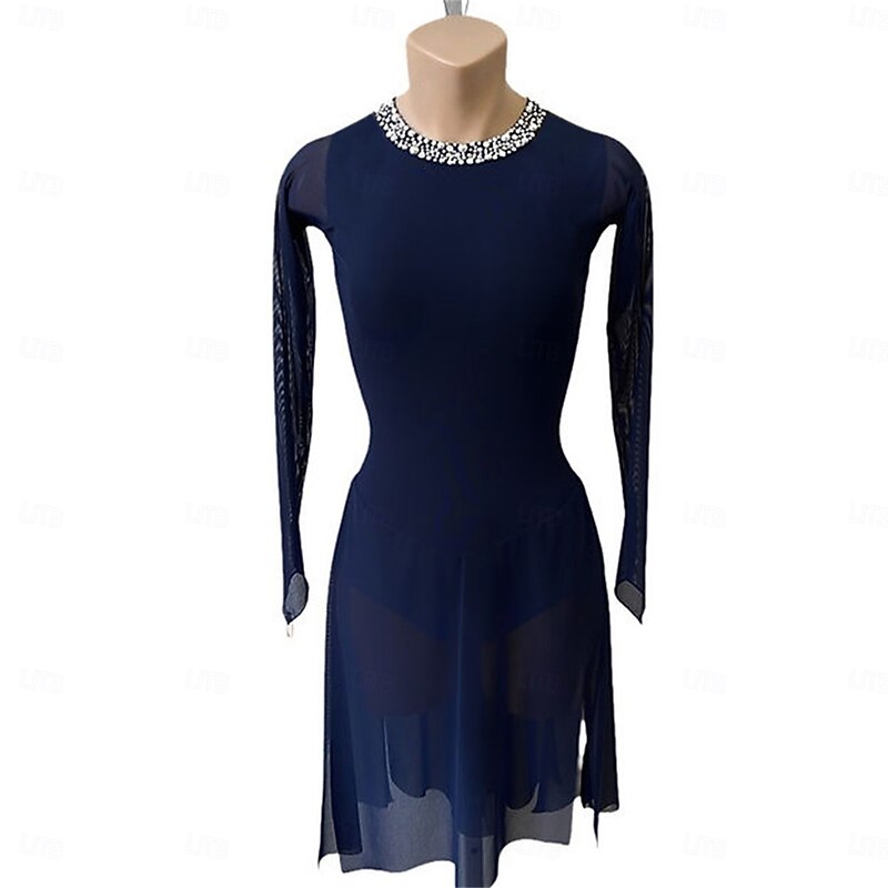 Figure Skating Dress Women's Girls' Ice Skating Dress Pink Dark Navy Open Back Asymmetric Hem Mesh High Elasticity Training Competition Skating Wear Classic Crystal / Rhinestone Long Sleeve Ice2